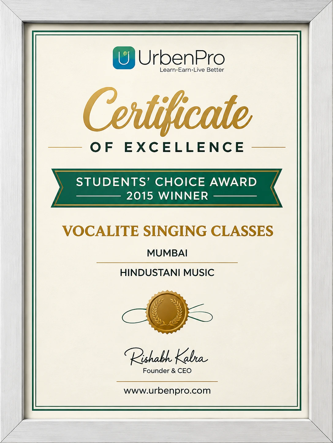 UrbanPro Students' Choice Award 2015 — Vocalite Singing Classes