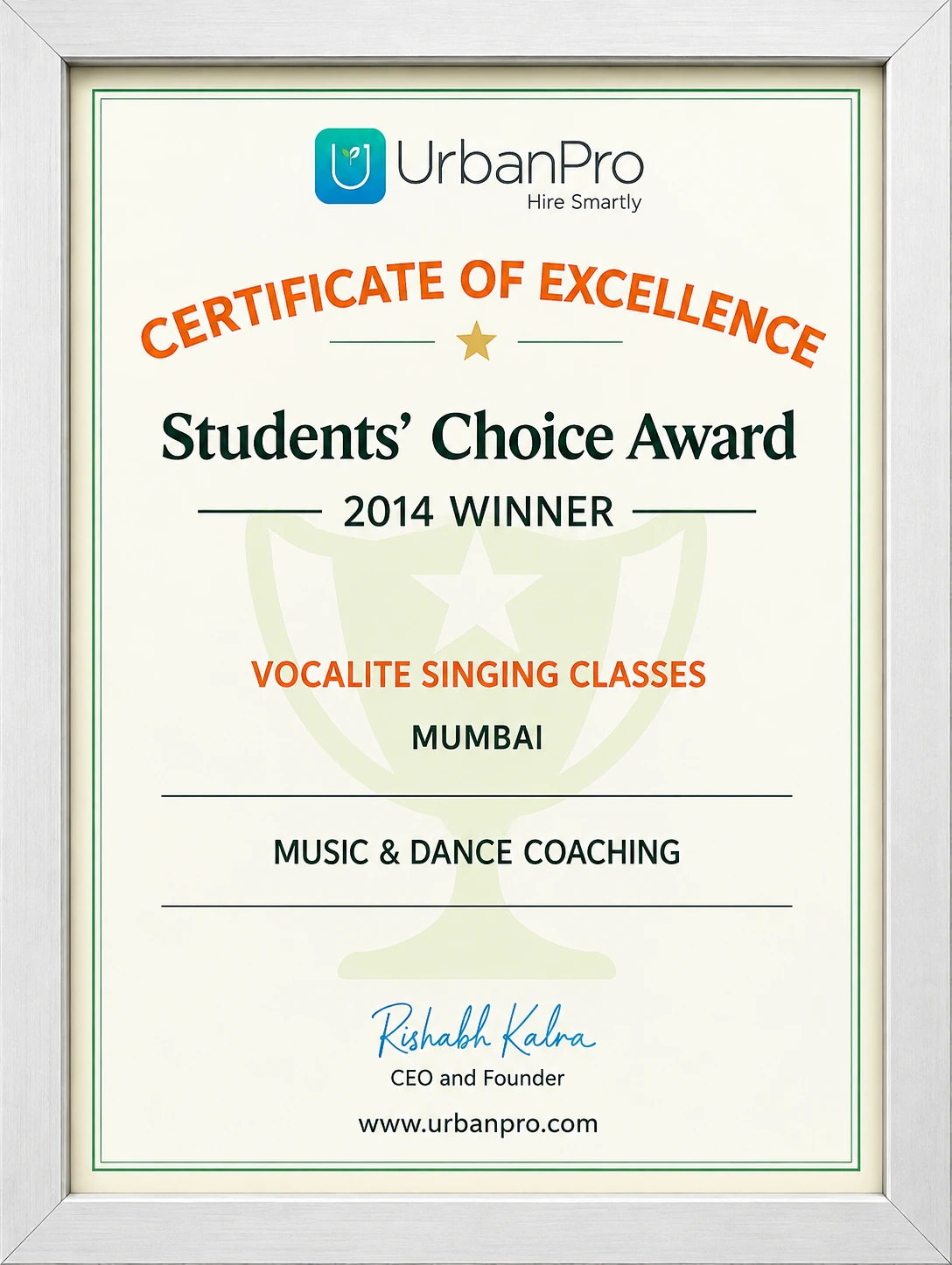 UrbanPro Students' Choice Award 2014 — Vocalite Singing Classes